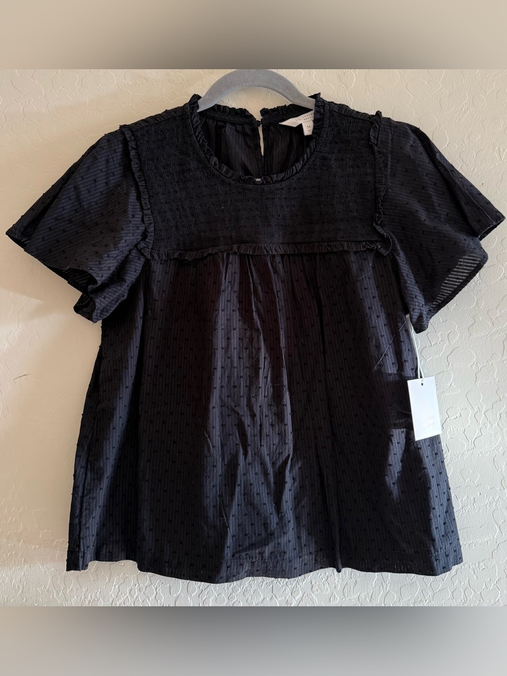 LC Lauren Conrad, medium, black, smock yoke flutter sleeve blouse, 100% cotton